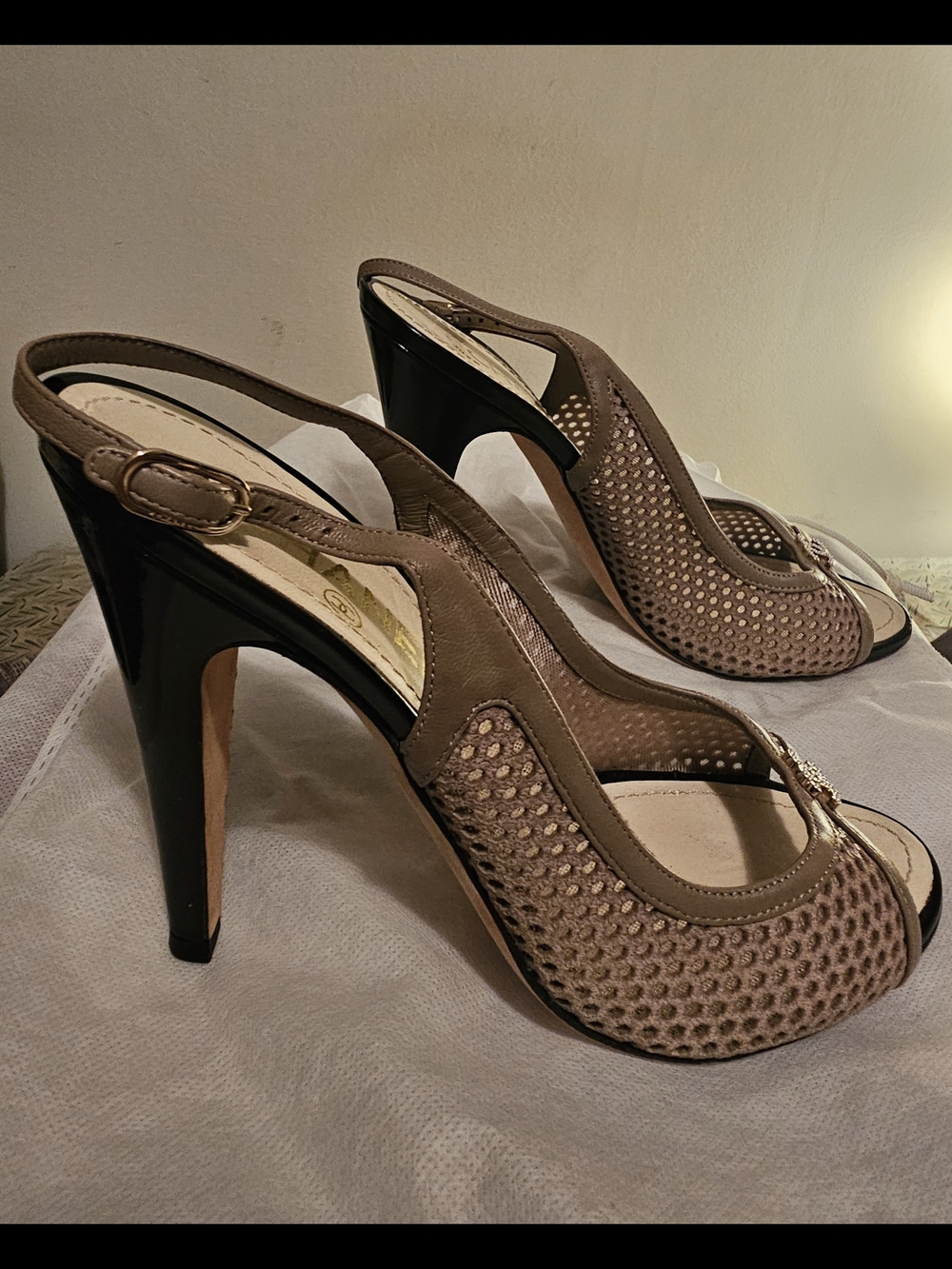 100% Authentic Chanel Taupe Slingback Peep-Toe Sandals - Picture 2 of 5